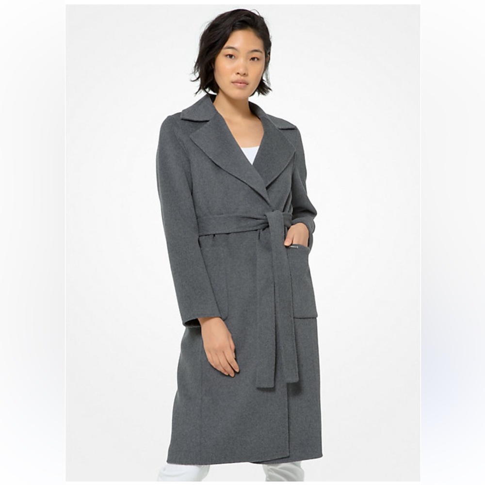 Michael Kors Gray Long Belted Coat • Size XS • Trench / Wrap Style- Wool Blend
